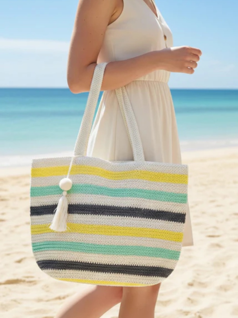 NWT Pom Pom Tassel Multi Color Striped Tote Bag Beach Bag
